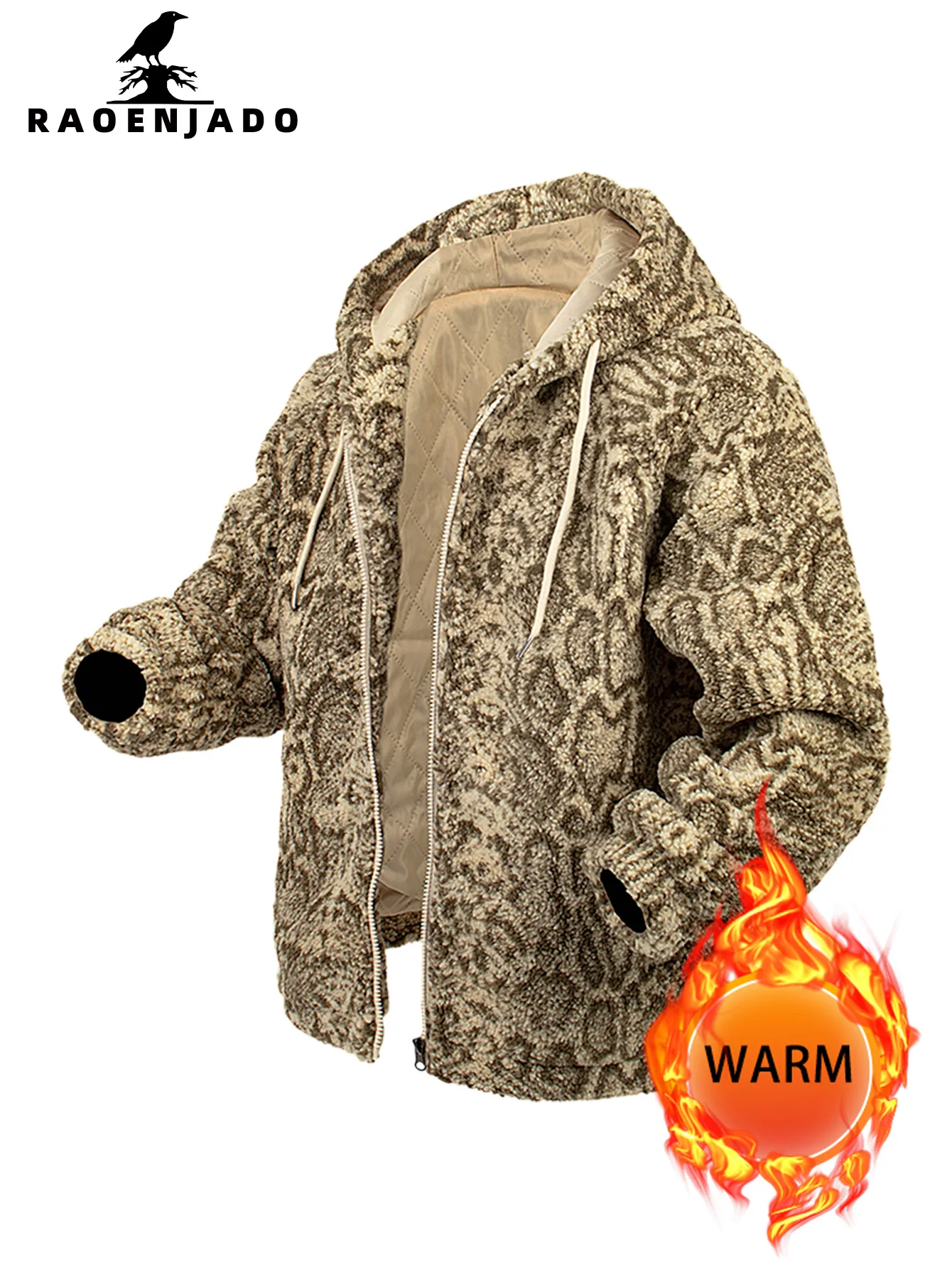 

Men's Hooded Fleece Zipper Soft Jacket Thickened Warm Autumn&Winter Outerwear Retro snakeskin pattern Casual Trendy Coat