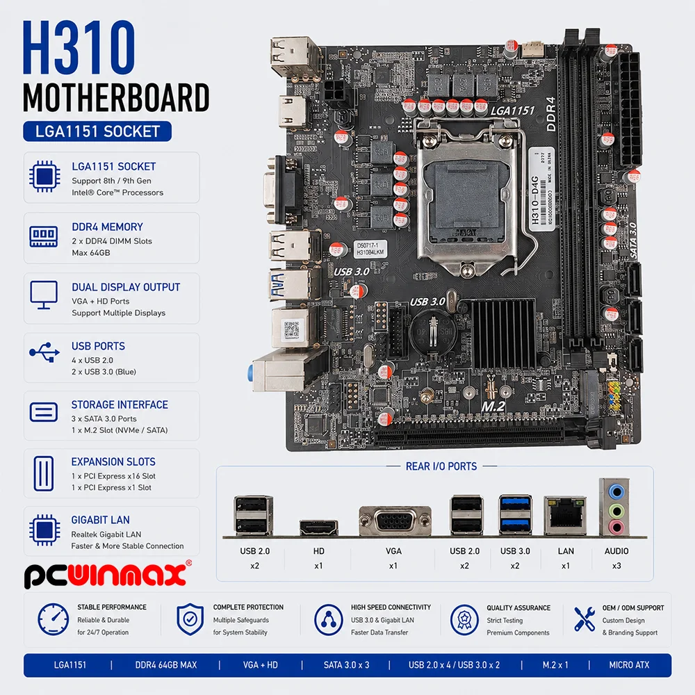PCWINMAX New H310 Motherboard LGA 1151 DDR4 32GB Micro ATX Supports 8th 9th Generation Processors H310 MATX Mainboard
