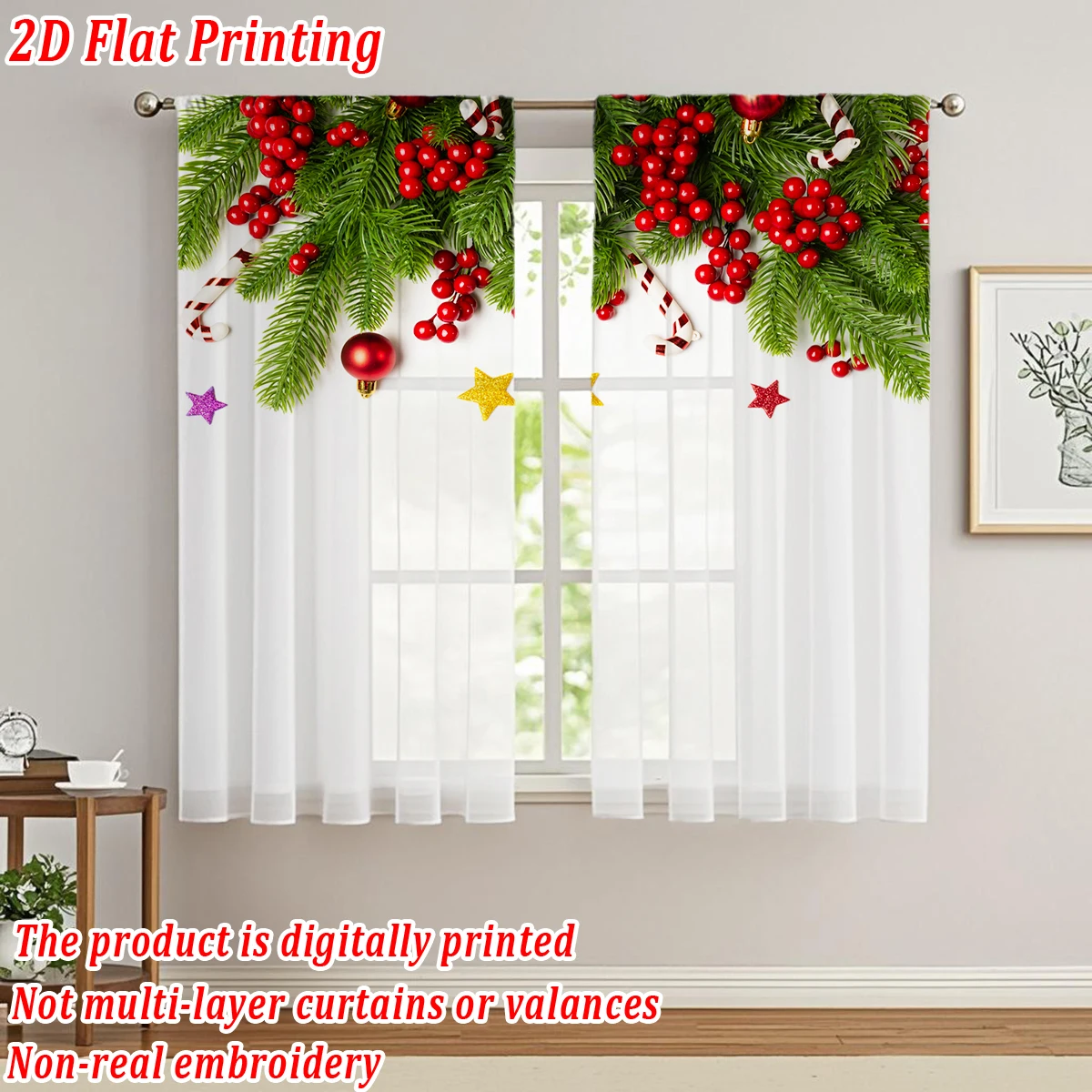 ستارة شفافة للمطبخ بطباعة مسطحة لعيد الميلاد مع فرع صنوبر بيري عيد الميلاد المجيد لحفلات ديكور المنزل في عيد الميلاد #3