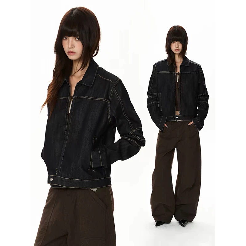 ZHIZOU Autumn Women Black Denim Zipper Jacket Japanese American Retro Y2k Jeans 2000s Short Jacket Cowboy Outwear Tide Punk