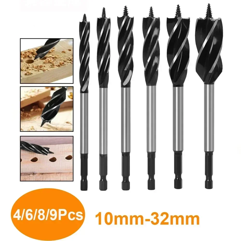 4/6/8/9Pcs 4 Flute Hole Cutter Auger Carpenter Drill Bit Opener Set Four-edge Drilling Cut Tools Woodworking Drilling Tools