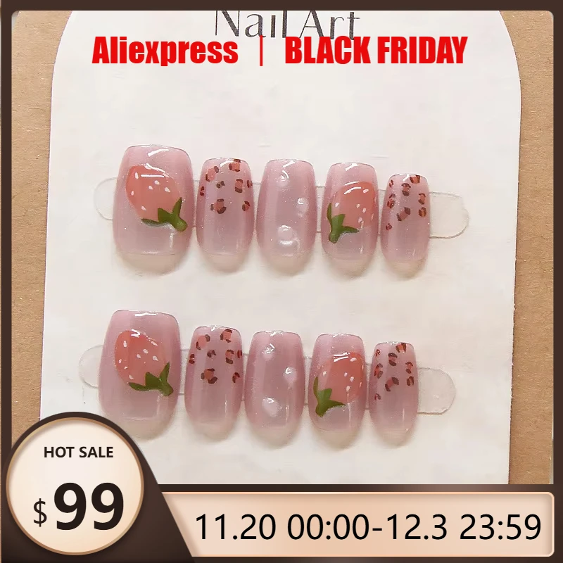 

10Pcs Strawberry Sweetheart Handmade Nails Sweet Cat-Eye False Nail for Women and Girl Removable wearable Nail Art