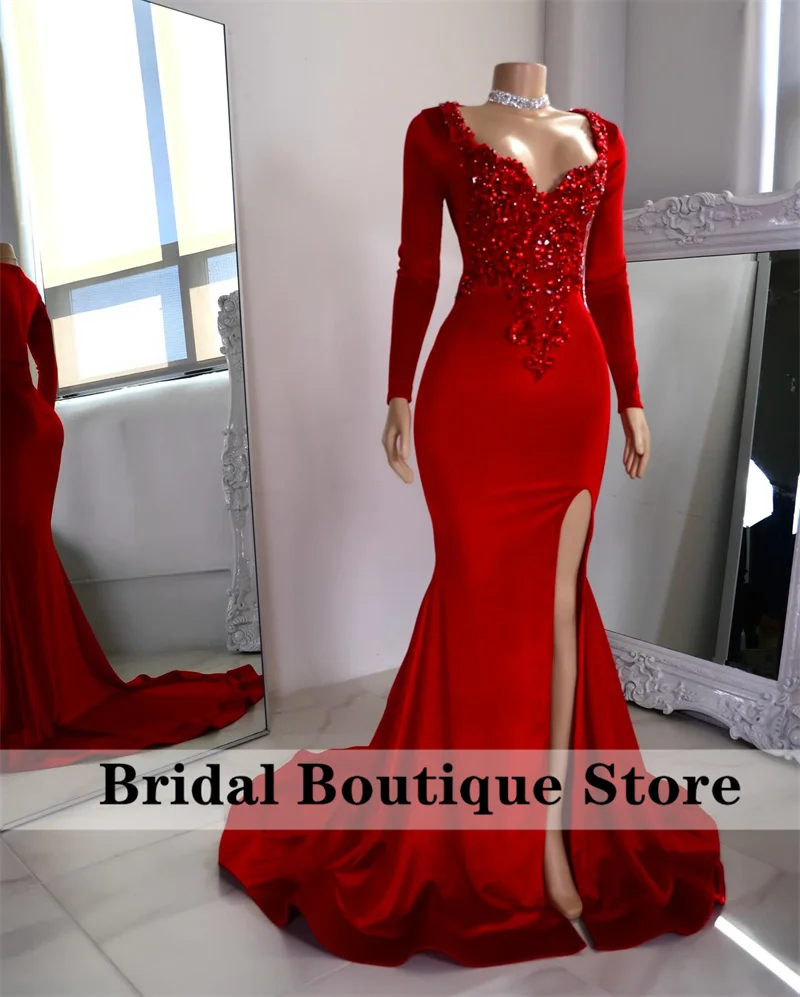 Luxury Red Diamonds Prom Dress 2024 Long Sleeves Beading Crystals Rhinestones Wedding Reception Birthday Party Evening Gown