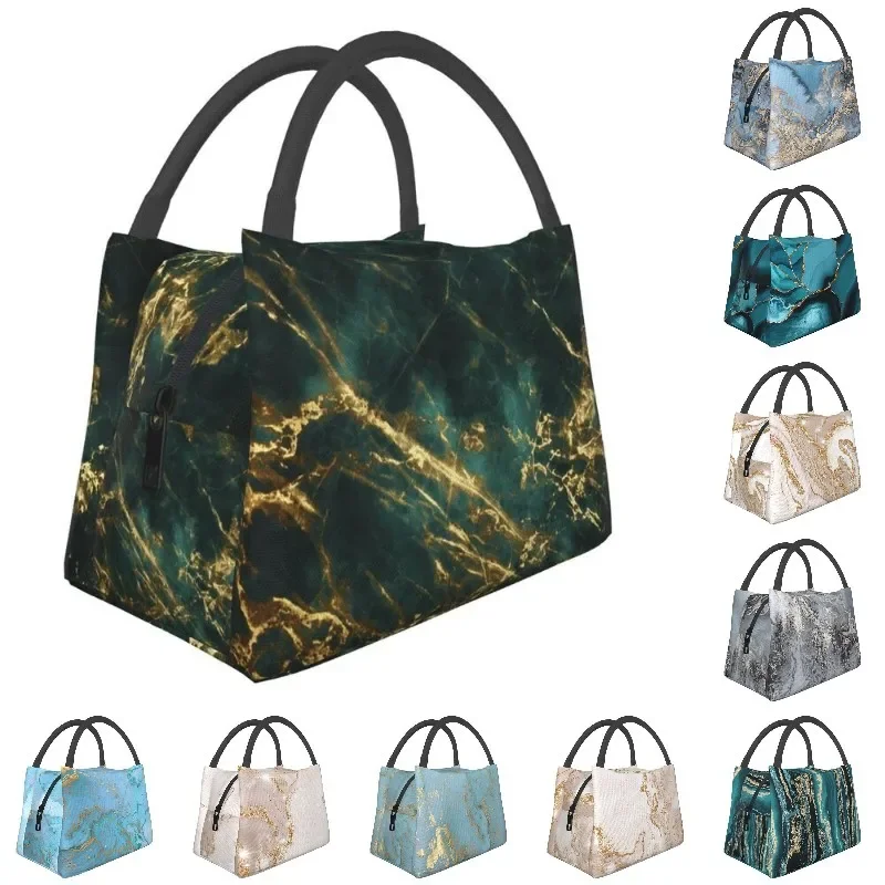 

Velvet Green Marble With Ornate Thermal Insulated Lunch Bags Women Gold Veins Portable Lunch Container Meal Food Box