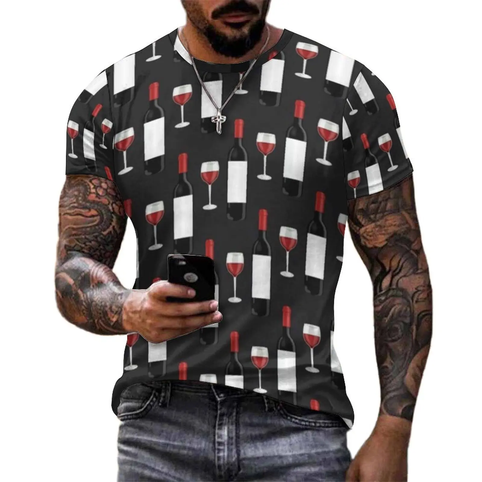 Wine Pattern T-Shirt For Mens Red Wine Print O Neck T-Shirts Summer Trending Clothes Short Sleeve Streetwear Plus Size Tees