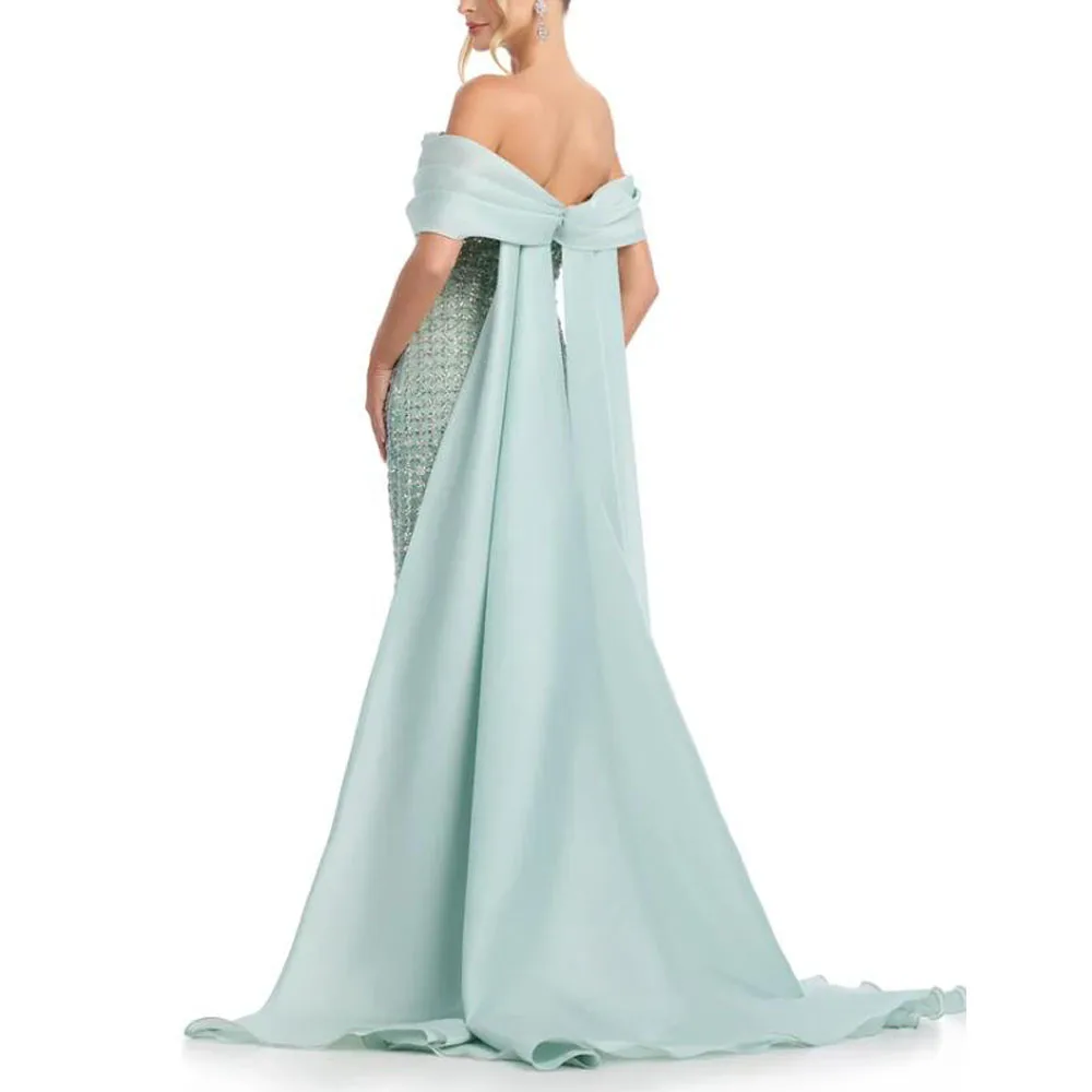Customized Glitter Evening Dresses Off the Shoulder Train Special Occasion Dress for Women Pleated Mermaid Arabic Dubai Gown