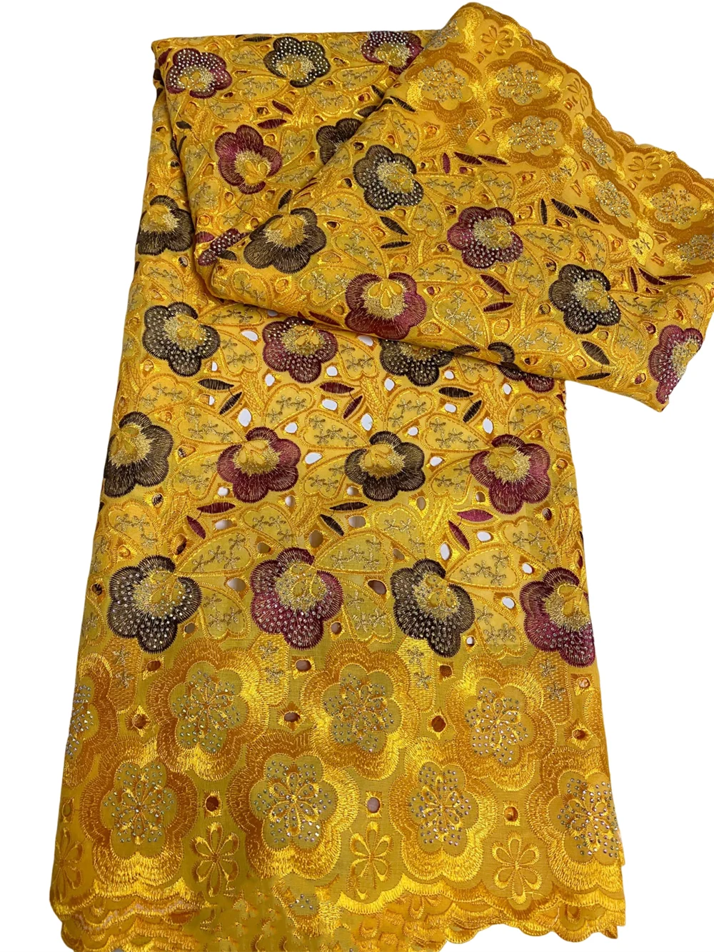 

African Hollow Out Cotton Lace Fabric With Stone High Quality Flower Embroidery Fabric 100% Cotton Voile Lace For Party Sewing