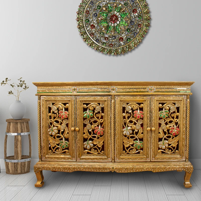 Thailand Solid Wood Entrance Hall Cabinet Southeast Asian Style Decoration Retro Creative Living Room Golden Storage Locker