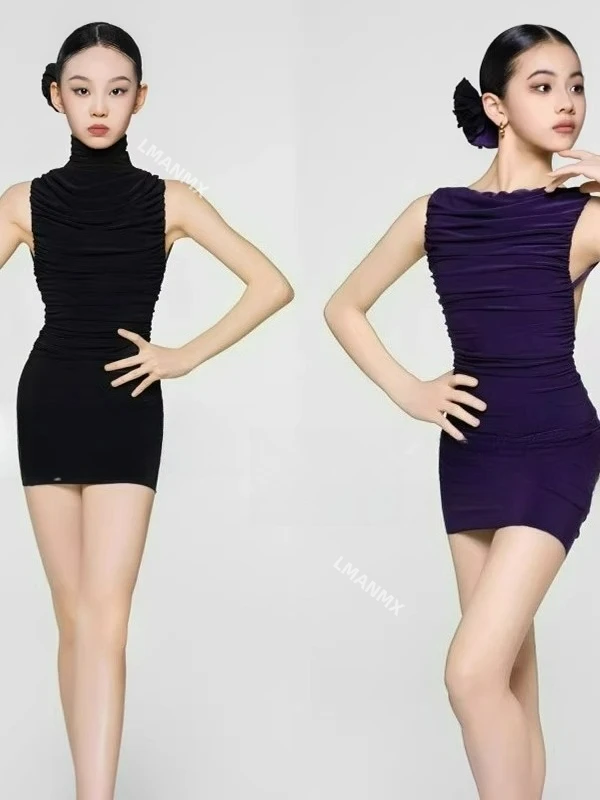 2025年新作 ラテンダンス 春夏 ハイネック 折りたたみ式 ノースリーブ オープンバック ヒップ練習着 女の子用