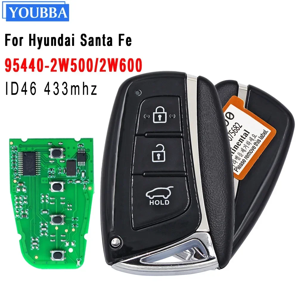 YOUBBA Smart Remote Car Key Fob 3 Buttons 433MHz ID46 Chip for Hyundai Santa Fe 2012-2018 FCC ID: 95440 2W500 / 2W600