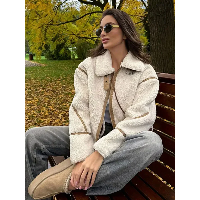 Women's Sheepskin Zipper Cropped Coats Fashion Long Sleeve Lapel Female Pockets Jacket 2025 New Winter Lady Commuting Outerwears