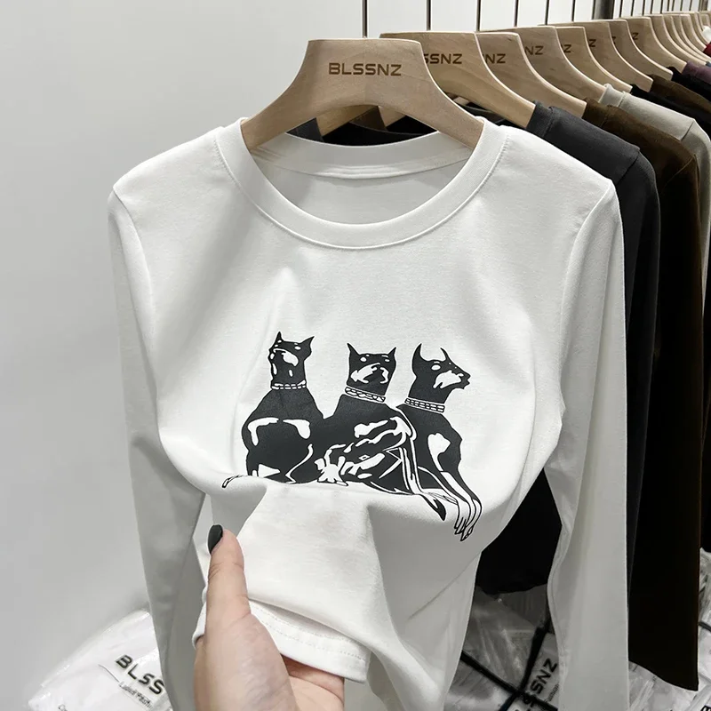 تنوعا سليم صالح القمم الخريف الشتاء تي شيرت المرأة شيك مطبوعة القطن بأكمام طويلة س الرقبة الكورية نمط بسيط قاعدة طبقة تيز