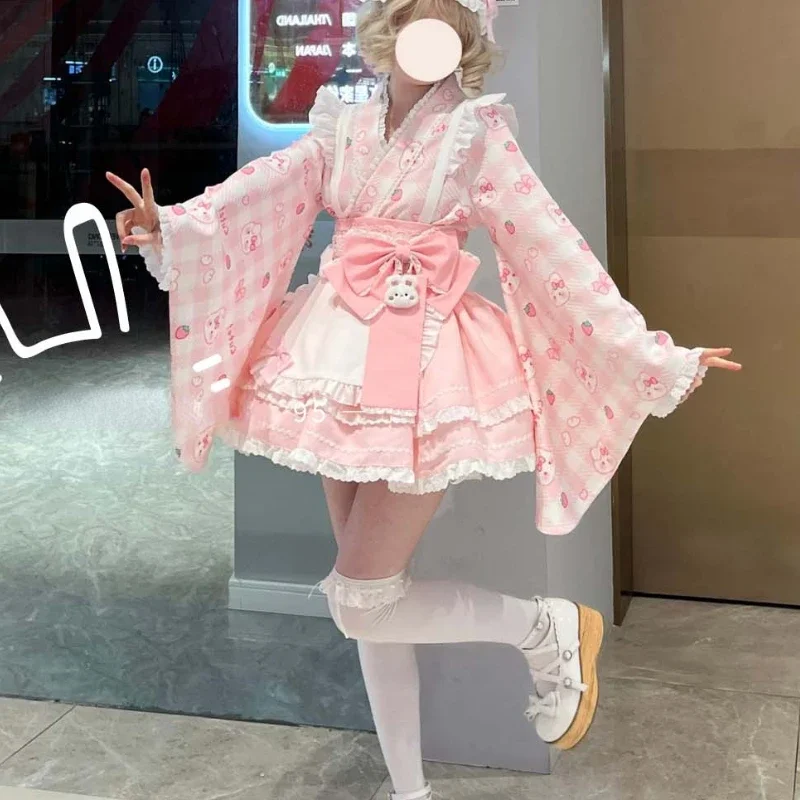 Sweet Cute Bunny Strawberry Print Bow Princess Party Dresses Pink Women Lolita Maid Dress Set Japanese Kawaii Lolita Style Dress