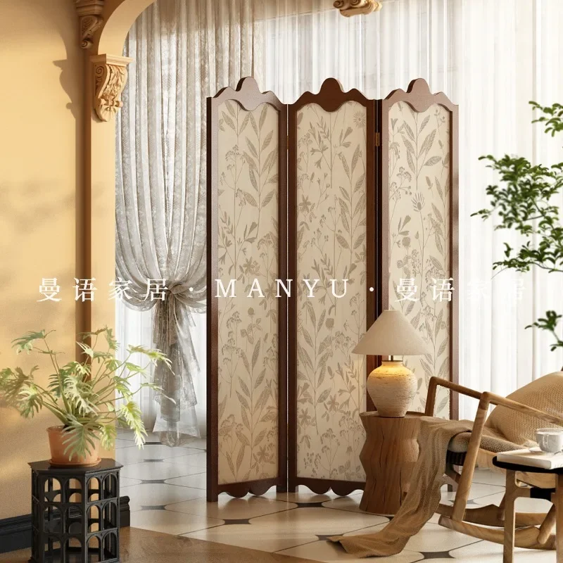 Solid wood French retro cream style partition screen folding mobile living room background wall decoration entrance folding scre