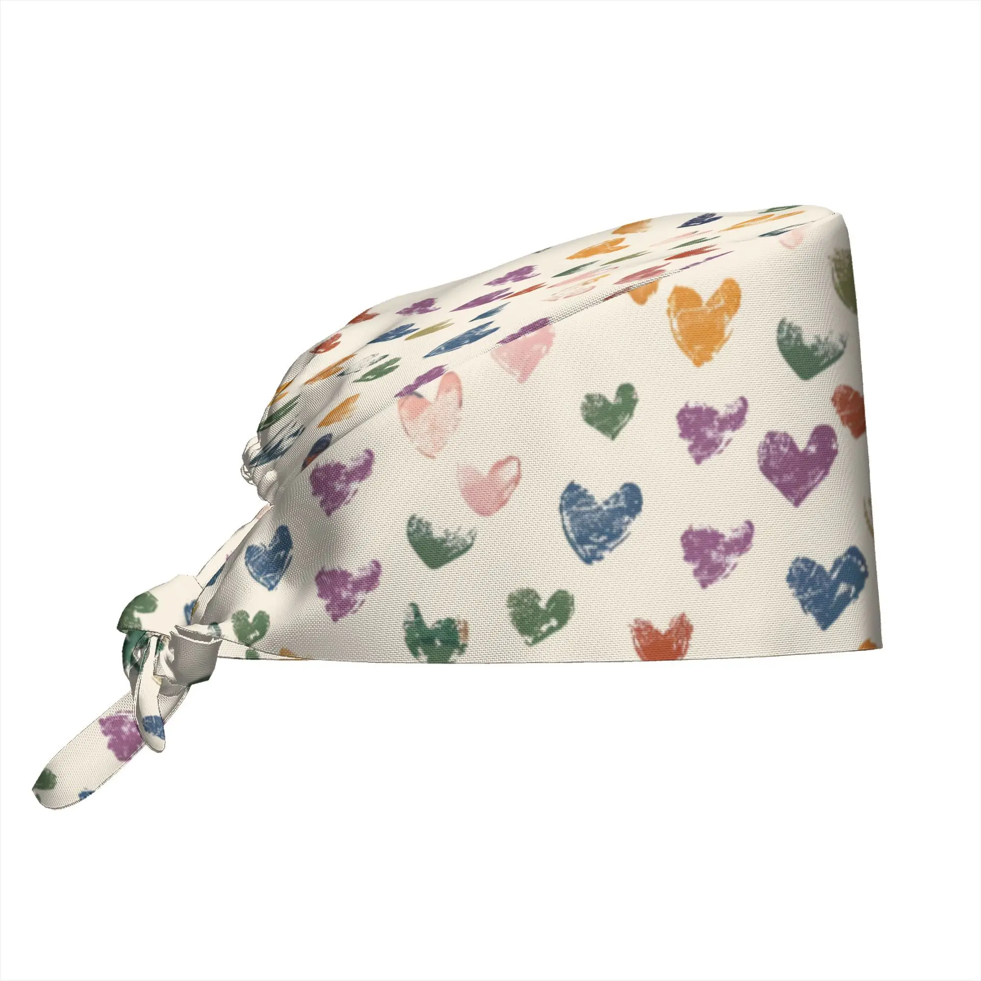 Colorful Heart Print Scrub Cap Soft Tie-Back Working Cap with Sweatband Cute Watercolor Heart Pattern Cap for Nurses Doctors