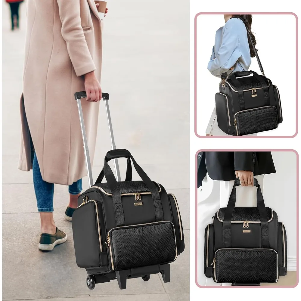 Trousse de maquillage professionnelle à roulettes avec 4 sacs amovibles, roulettes et rangement pour pinceaux au design breveté noir