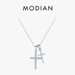 MODIAN 925 Sterling Silver Classic delicato doppia croce zircone collana con ciondolo a catena a maglie per le donne regali di gioielleria raffinata