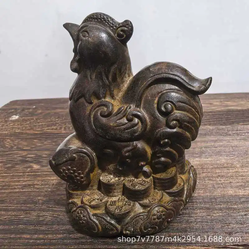 Brass craft with aged patina, lotus and zodiac rooster home decoration ornament