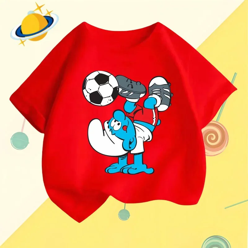 Coppa europea Smurfs estate bambini cartone animato t-shirt Anime stampa sport manica corta ragazzi camicia casual ragazze Kawaii top