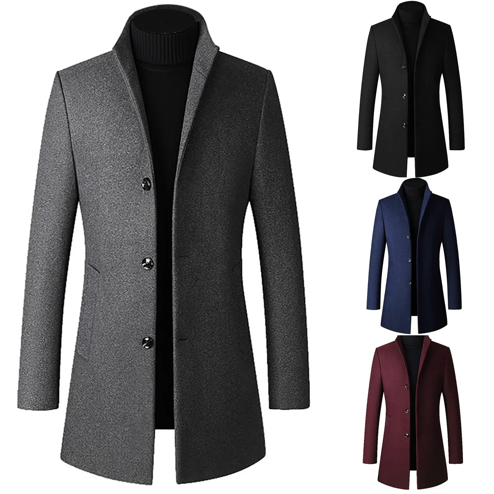 Men'S Mid-Length Slim Woolen Coat Fashionable Stand-Up Collar Solid Color Coat Comfortable Soft Warm Outwear Abrigo Hombre