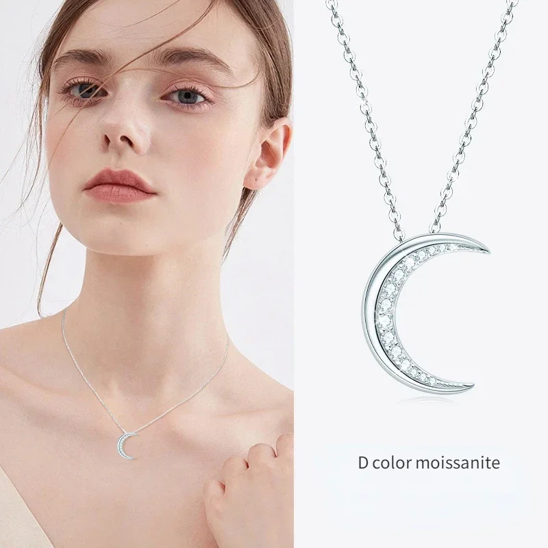 Shining U S925 Silver D Color Moissanite Moon Pendant Necklace for Women Fine Jewlery Birthday Gift