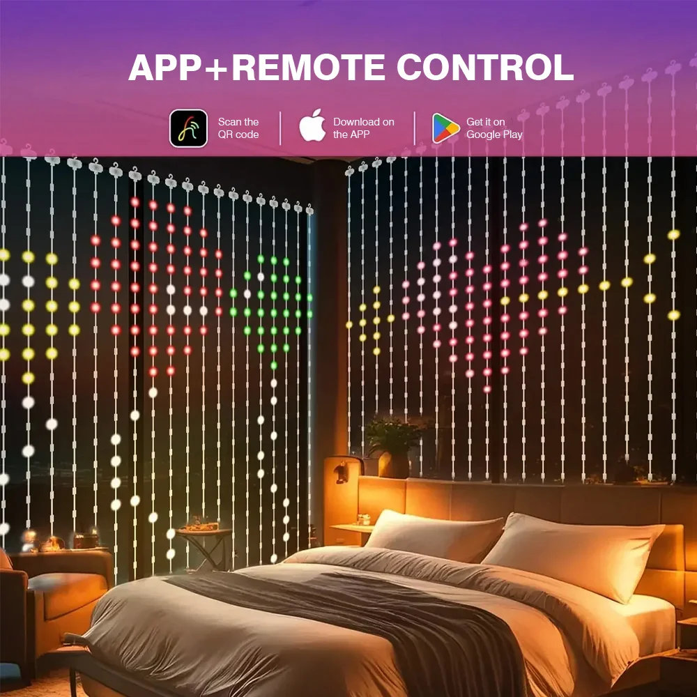 400 LED 스마트 커튼 조명 RGB 페어리 라이트 스트링 블루투스 앱 제어 DIY 음악 변경 휴일 방 창문 장식