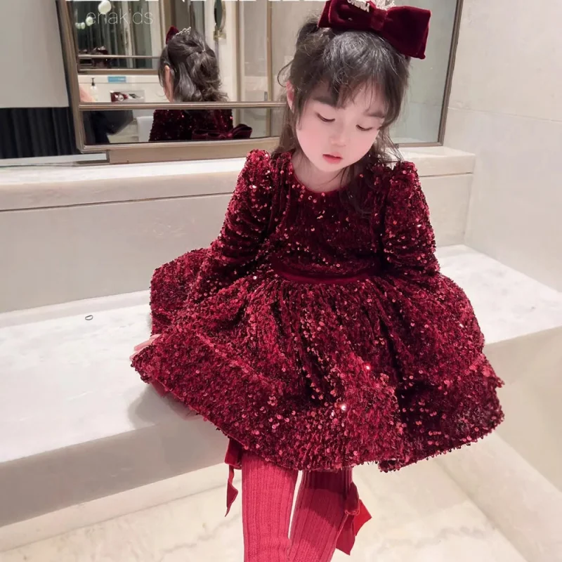 Girls' Dress2025Spring New Children's Sequin Princess Dress Birthday Party New Year Greeting Outfit