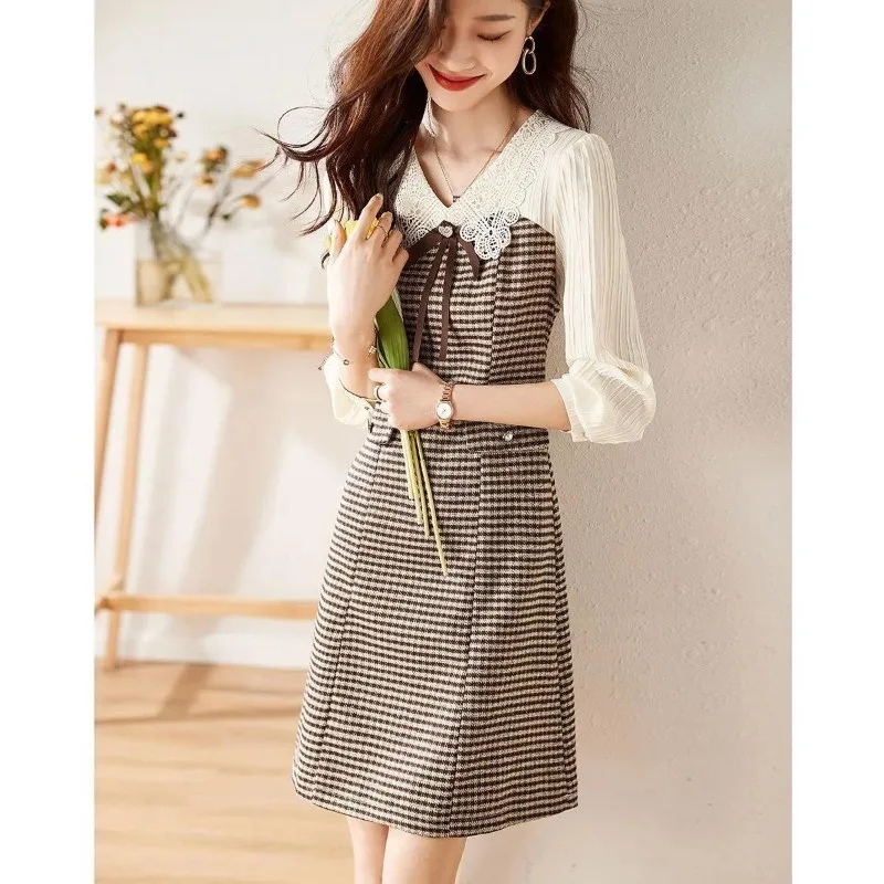 Spring Autumn New Fashion Elegant Doll Neck Pullover Long Sleeve Casual Versatile Style Comfortable Loose Clothing Women Dresses