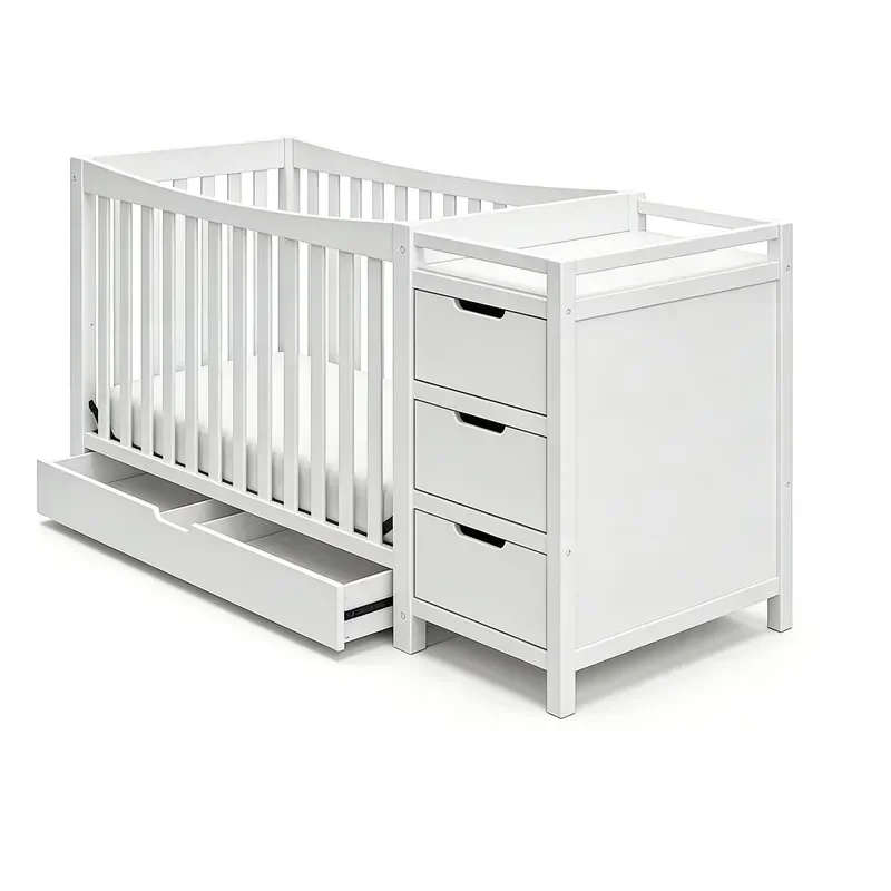 for Eco-friendly Solid Wood Crib with Diaper Table and Drawers Multi-purpose Baby Sleeping and Storage Bed