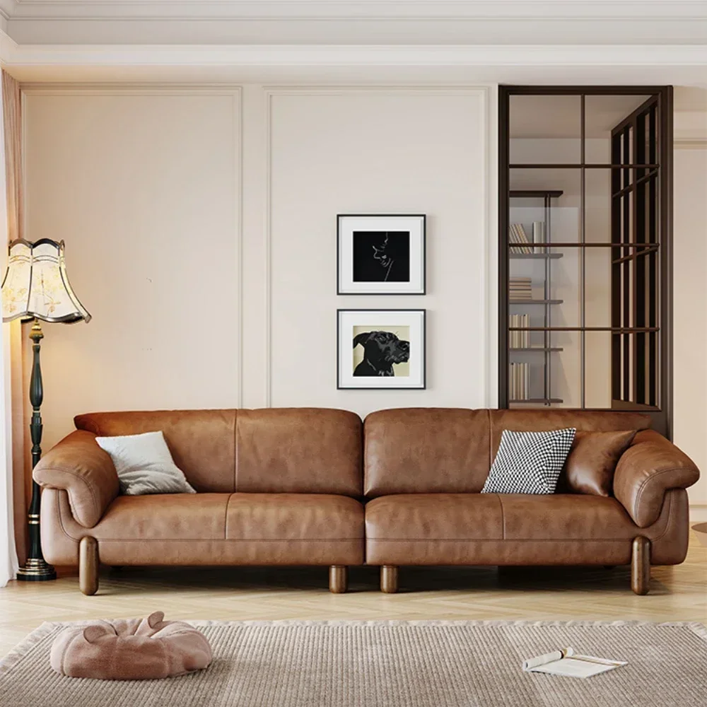 Leather Sofa Light Luxury First Layer Cowhide Living Room Modern High-Leg Straight Row Concubine Small Apartment