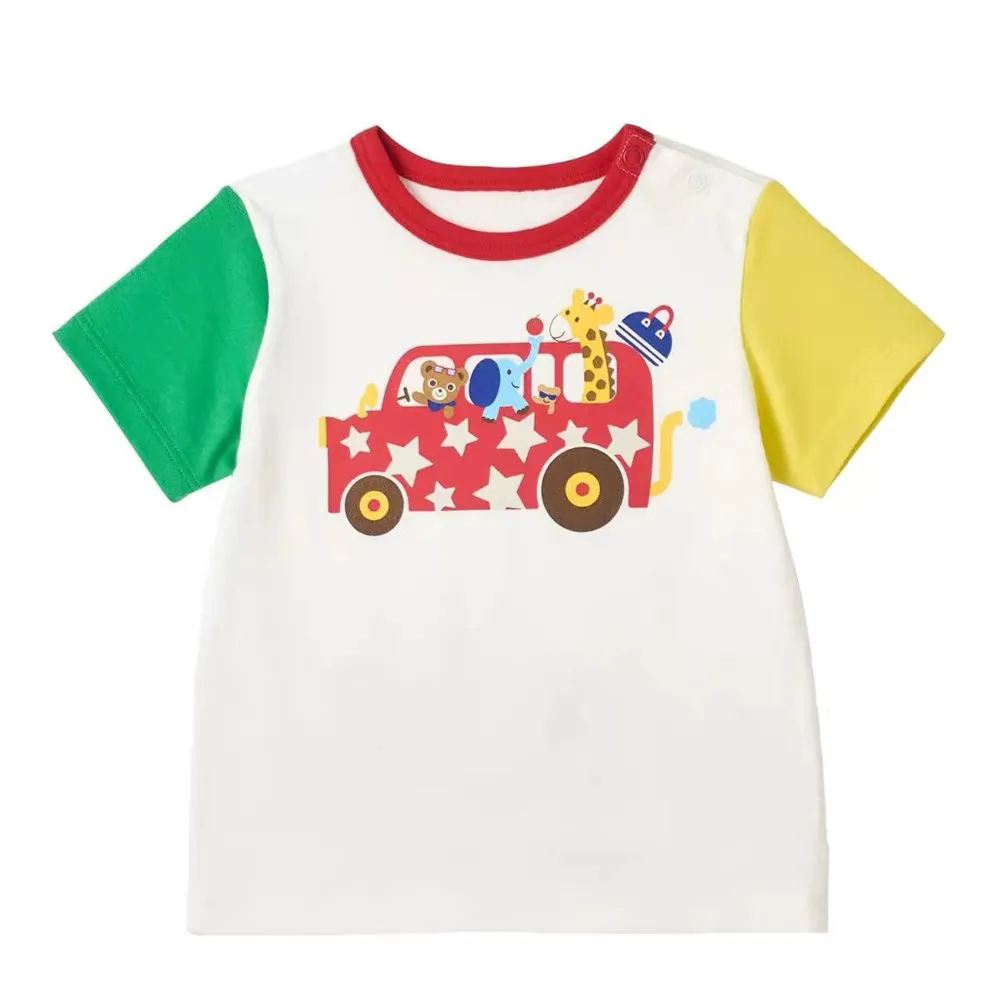 

baby boys top kids tees Cartoon print pattern short sleeved T-shirt Cute round neck T-shirt with spliced colors