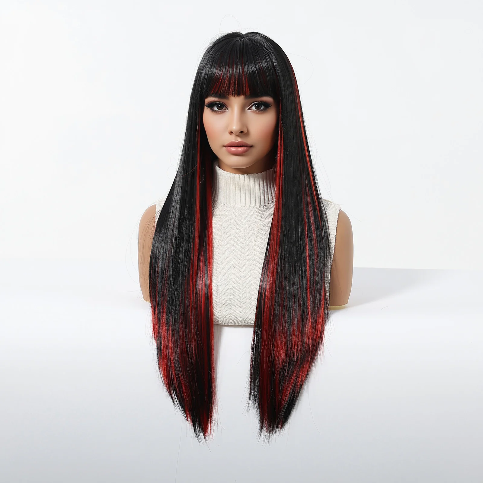 عيد الميلاد طويل مستقيم أسود أحمر تسليط الضوء على الباروكات الاصطناعية مع الانفجارات للنساء البيض لوليتا تأثيري حزب اليومية مقاومة للحرارة #3