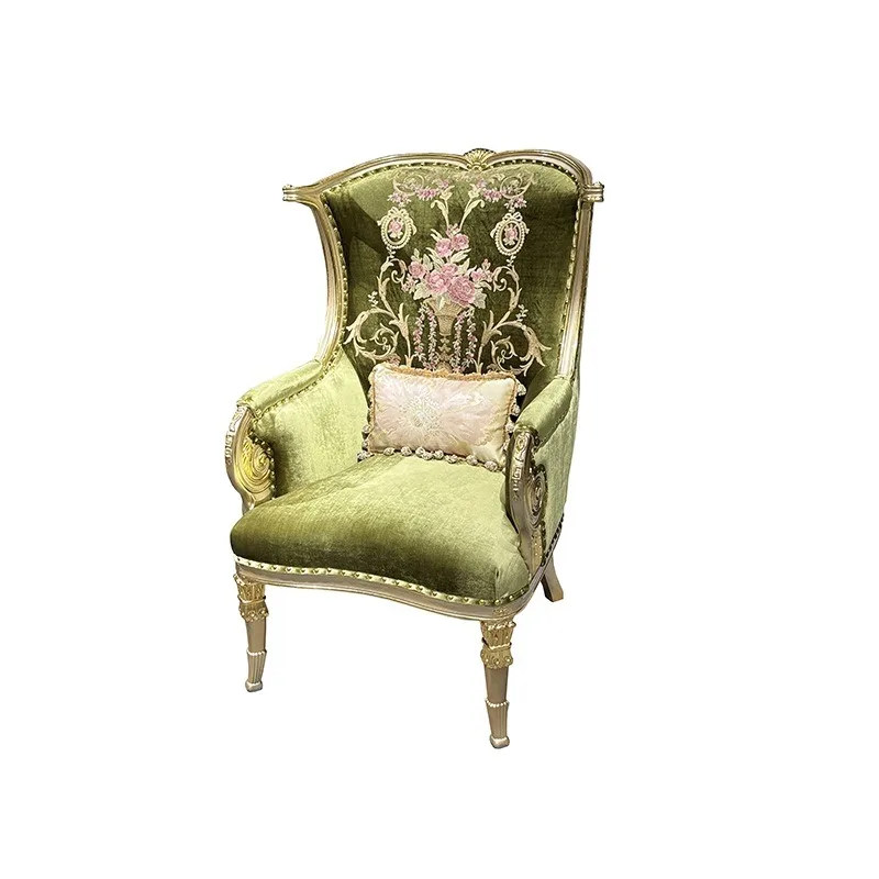 

French fabric leisure chair, European neoclassical embroidered single sofa solid wood carving flower image chair
