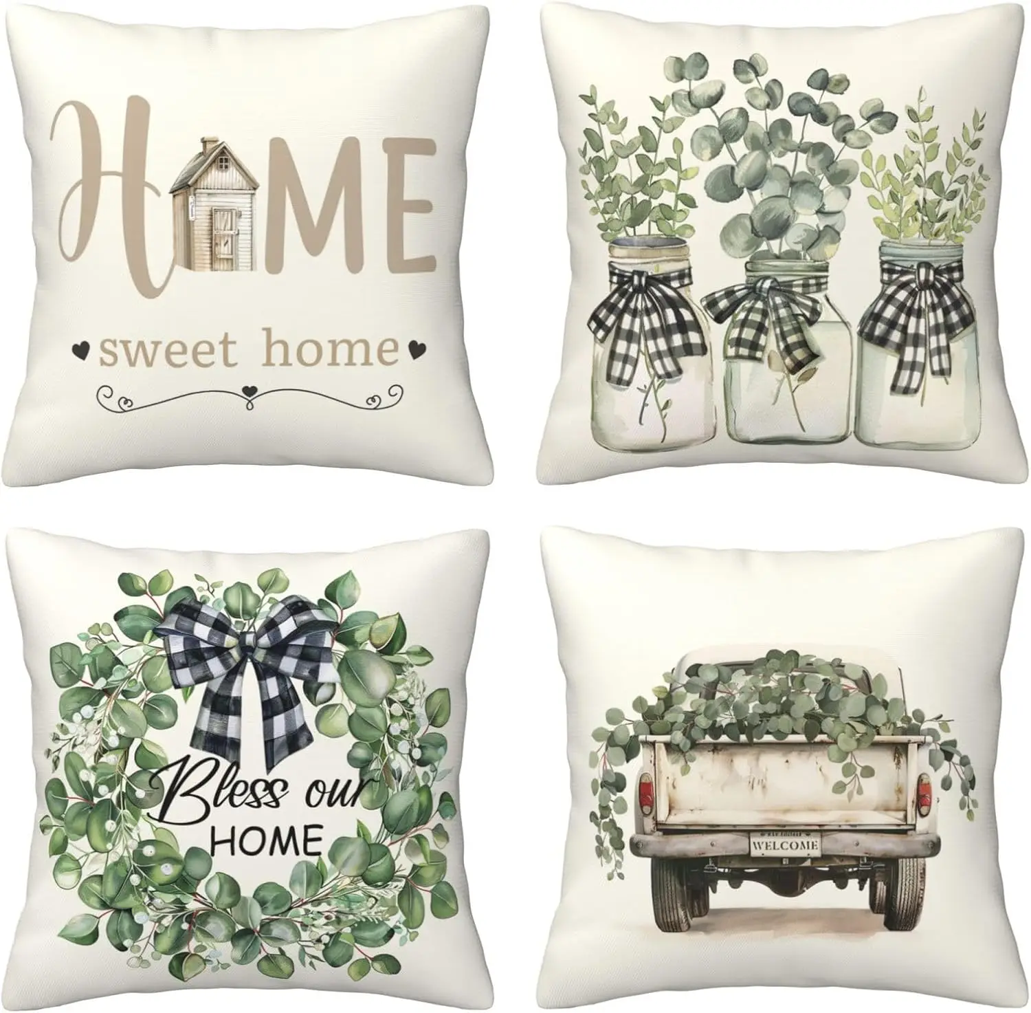 

Green Eucalyptus Leaves Buff Plaid Che Tru Vase Throw Pillows Cases Home Sweet Home Spring Summer Pillow Covers Set Of 4 Modern