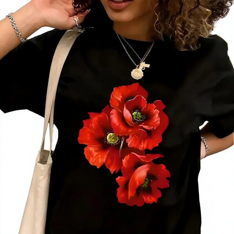 Red PoppyWomen's T-Shirt 100% Cotton Funny Graphic Short Sleeve Tee Novelty Shirt Casual Crew Neck Top S-5XL