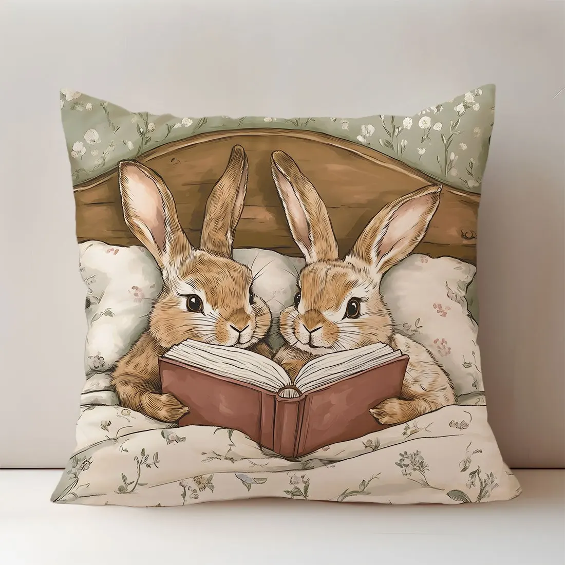 1pc Vintage Rabbit Reading Together Themed Printed Throw Pillow Cover, Suitable for Sofa, Bedroom, Living Room, Study Room