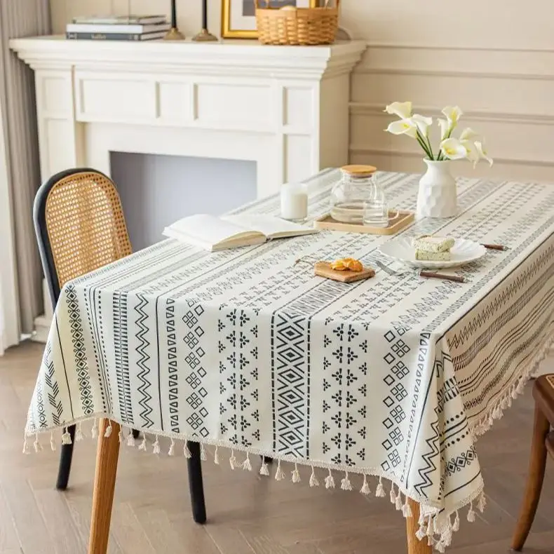 

Geometry Tassel Cotton Linen Table Cloth Water and Oil Proofing Cover Table Kitchen Dinning Tabletop Christmas Wedding Decor