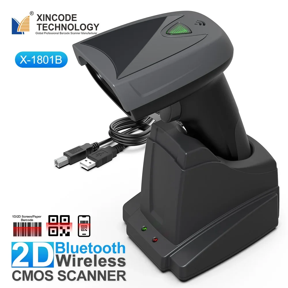 

New Xincode 2D Bluetooth Barcode Scanner QR PDF417 Aztec Bar Code Reader Wireless Android IOS System With Charging Cradle