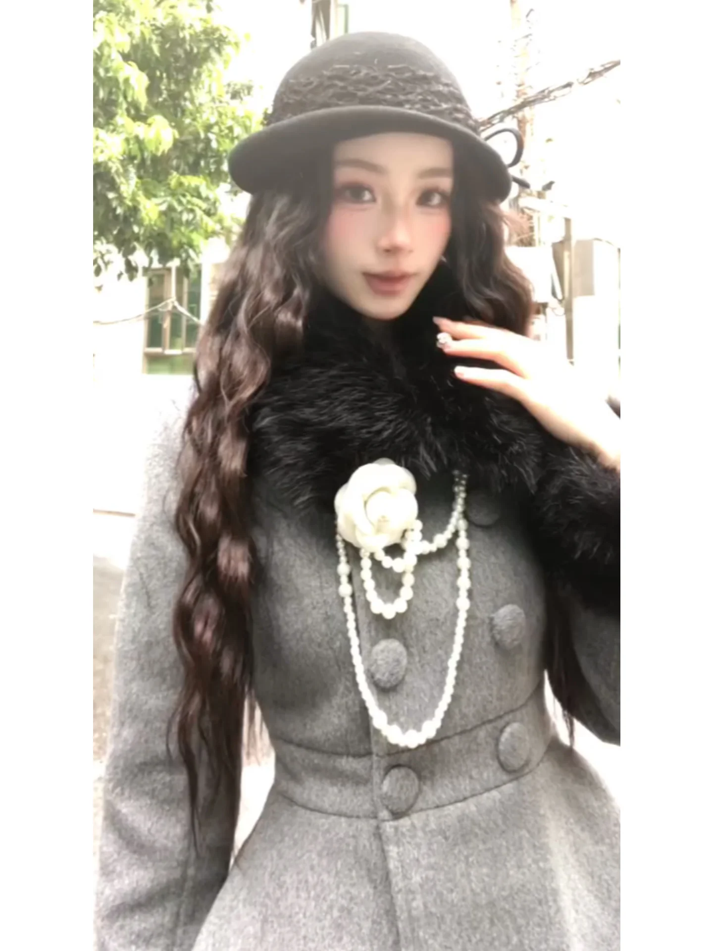 

Thiened Heavy Industry Woolen Coat Waist Cinching Fur Collar Winter Faion Set Women's Long Sve Button up f Cardigan