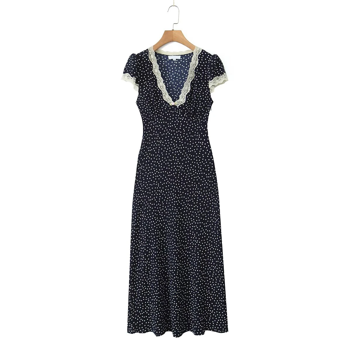 YENKYE 2025, Damen-Kleid, marineblau, gepunktet, langes Kleid, Spitzenbesatz, V-Ausschnitt, kurze Ärmel, A-Linie, elegante Urlaubskleider, Sommer-Maxi-Robe – Detail 7