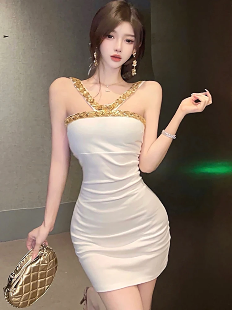 

Summer White Chic Diamonds Sling Sexy Club Dress Women Elegant Bodycon Hip Wrap Short Dresses 2025 Korean Vintage Party Vestidos