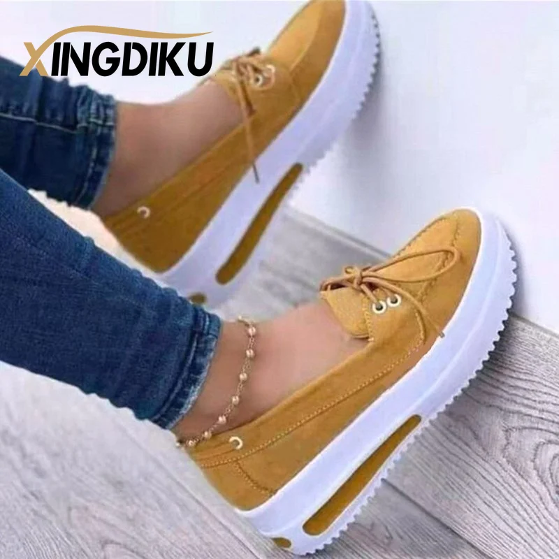 2022 Women\'s New Vulcanized Shoes Thick Sole Comfortable Suede Peas Shoes Lace Up Spring Waterproof Platform Tenis De Mujer Pink