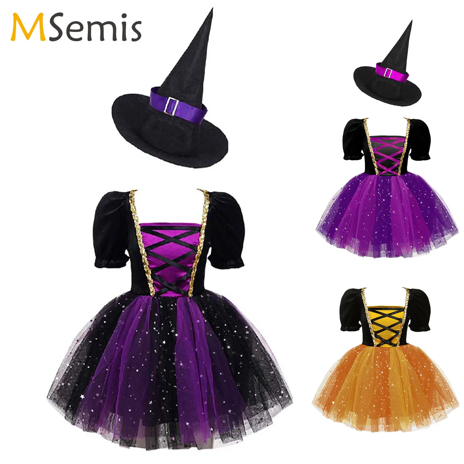 Kid Girls Halloween Witch Costume Sparkly Silver Stars Printed Carnival Cosplay Dress with Pointed Hat Wand Dress Up Clothes