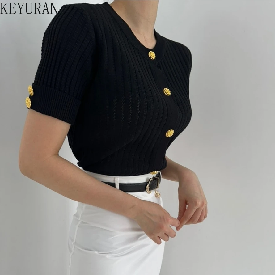 New Summer Korean Chic Thin Ice Silk Knitted Cardigan Women V-neck Single Breasted Short Sleeve Sweater Ropa Mujer Knitwear Tops