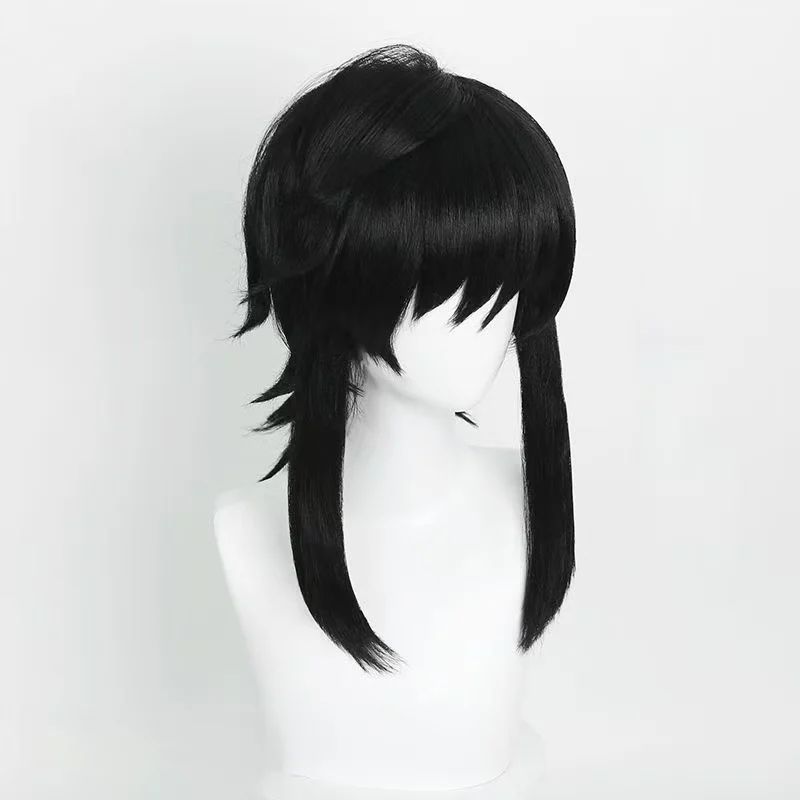 Tomioka Giyuu Cosplay Wig Black Layered Ponytail Heat Resistant Synthetic Hair Halloween Party Cosplay Wig With Wig Cap