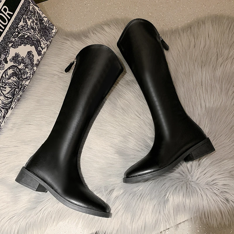 V-notch Design Women Boots Fashion Knee-high Boots Temperament Pointe Leather Boots for Women Slim Long Boot Botas Largas Mujer