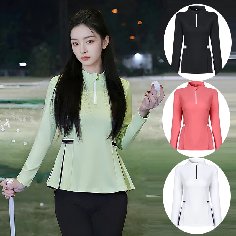 2025 Women Golf Sports Shirt Long Sleeve Stand Collar Tops Zip-up Neck Leisure Tennis T-Shirt Pleated Ruffle Golf Sportswear