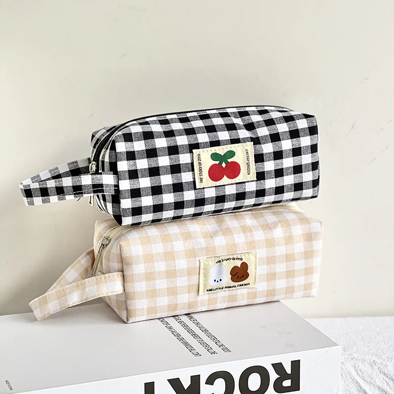 Cute Plaid Canvas Makeup Handbags Cosmetic Lipstick Coin Purse Storage Bag Kawaii Pencil Cases School Stationery Pouch Bag Kits