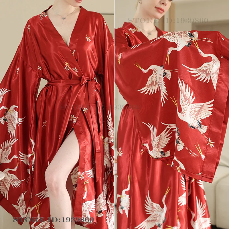

Sexy Bride Big Sleeve Wedding Robe Dress Printed Crane Floral Kimono Gown Bathroe Negligee Loose Sleepwear Nightgown Homewear