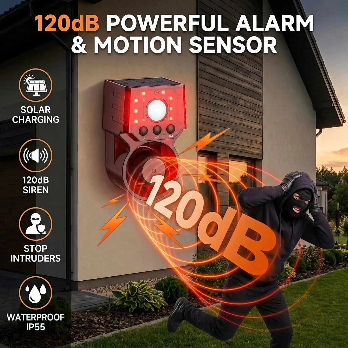 Solar Powered Motion Sensor Alarm 120dB Custom Voice Recording 8 Red LED IP55 Waterproof Remote for Farm Yard Outdoor Protection